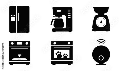 Modern simple black vector icon set for kitchen appliances and smart home devices, isolated