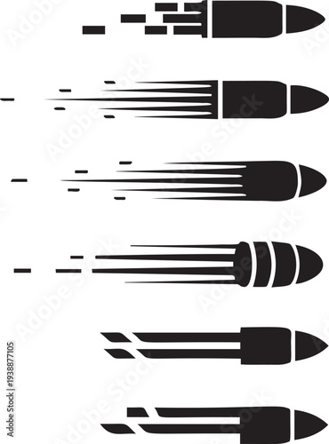 Flying bullet silhouettes with motion blur trails showing speed and impact direction for ammunition ballistic graphic design assets