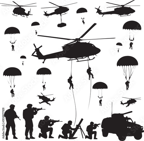 Military mission silhouette collection featuring helicopters paratroopers soldiers with rifles and armored vehicle on grid background