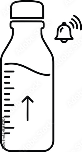Simple line art icon illustrating a baby bottle with measurement markers and an audible feeding reminder notification
