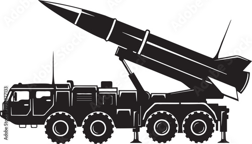 Mobile missile launcher truck silhouette with heavy artillery rocket system on multi wheel vehicle for military defense technology