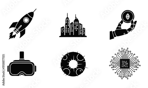 Black Vector Icon Set for Future Technology, Digital Innovation, Virtual Reality, Cryptocurrency, and AI Concepts