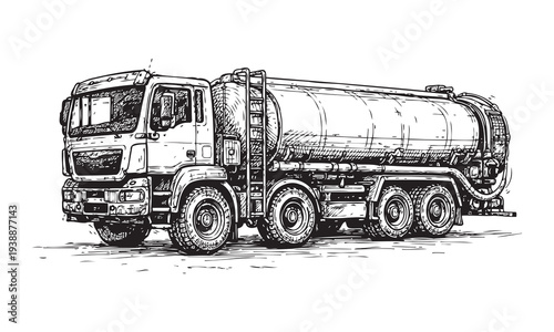 Black and White Water Tank Truck Vector Sketch with Loose Hand Drawn Construction Linework