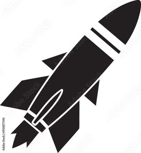 Flying rocket silhouette with exhaust flame and aerodynamic fins representing missile launch or space propulsion technology design