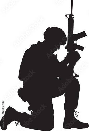 Kneeling soldier silhouette holding assault rifle in mourning or prayer position representing military sacrifice and veteran honor