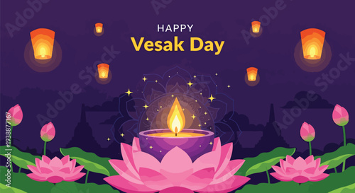 Happy Vesak Day Celebration With Lanterns And Lotus Flowers