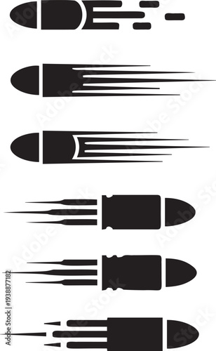 Set of black bullet silhouettes with motion trails, depicting speed and power, isolated on transparent background