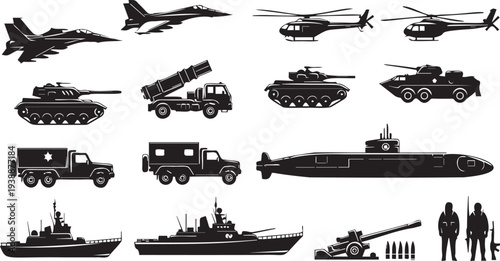 Collage of military vehicles, aircraft, submarine, cannon and people silhouettes on grid