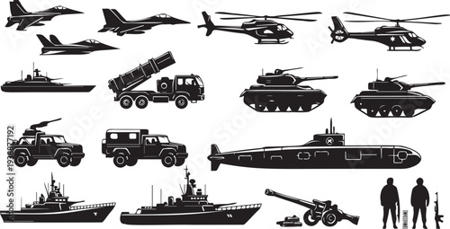 Set of military vehicles and personnel silhouettes including aircraft, tanks, ships, and soldiers
