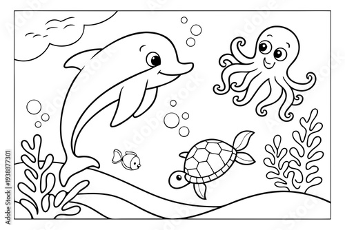Underwater Sea Animals Coloring Page for Kids - Dolphin, Octopus, Turtle Ocean Line Art