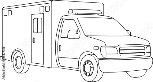 Clean line art illustration of a typical emergency medical service ambulance, representing medical transport, healthcare, and urgent response vehicles.