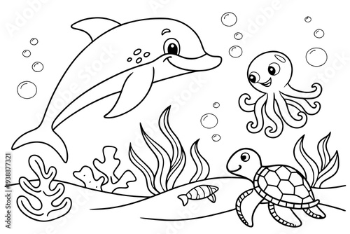 Underwater Sea Animals Coloring Page for Kids - Dolphin, Octopus, Turtle Ocean Line Art