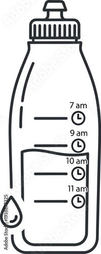 Simple line art illustration of a water bottle with timed markers, designed for tracking daily hydration and promoting consistent fluid intake for health.