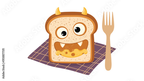 Creative monster sandwich made of toast with cheese eyes and horns sitting on a checkered napkin next to a wooden fork for kids lunch.