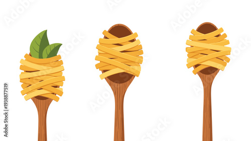 Three vertical wooden spoons holding wrapped bundles of linguine pasta with one garnished with fresh green basil leaves on a white background.