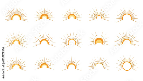 Set of fifteen minimalist sun symbols showing different styles of rays and semi-circle shapes representing sunrise or sunset in orange hues.