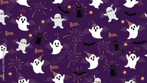 Seamless halloween pattern with cute ghosts, mummies, black cats, bats, and fireworks on a dark purple background with boo text.