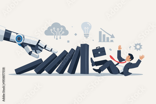 Artificial Intelligence Impact on Human Labor Vector Concept with Robotic Arm Pushing Dominoes to Knock Down Businessman Representing Job Displacement Automation Risk and Future of Work Uncertainty