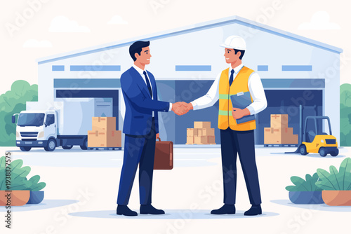 Businessman in suit shaking hands with industrial contractor in safety vest at a warehouse with delivery truck and forklift; new B2B partnership, logistics agreement, and supply chain trade concept.