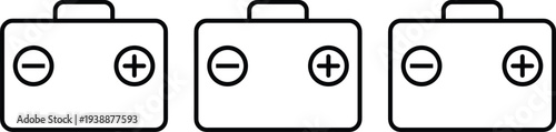 Battery icon collection featuring black silhouettes with positive and negative terminals, electrical energy storage symbols for power supply, circuit design, and vector illustrations