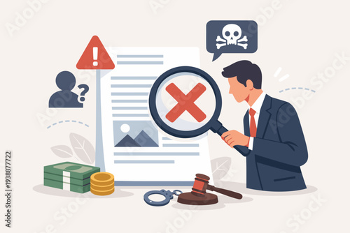 Professional Investigator Analyzing Fake Document with Magnifying Glass, Detecting Fraud, Illegal Reports, and Misinformation. Concept of Financial Scam, Corruption, Legal Audit, and Verification.