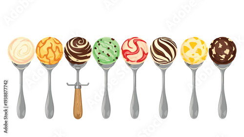 Lineup of eight scoops of different ice cream flavors like vanilla, chocolate, mint, and strawberry on silver spoons and a scoop tool.
