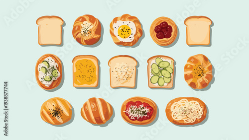 Set of fifteen delicious breakfast items including open-faced sandwiches with egg, cucumber, jam and assorted sweet and savory pastries.