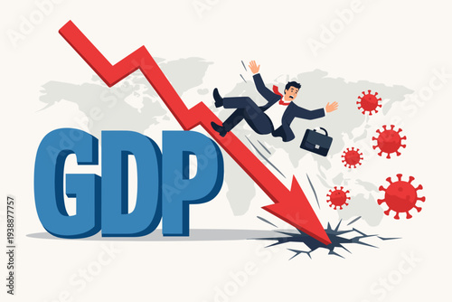 Global Economic Recession and GDP Decline Illustration showing a Businessman Falling with a Red Downward Arrow Crashing through the Floor due to the COVID-19 Coronavirus Pandemic Impact.