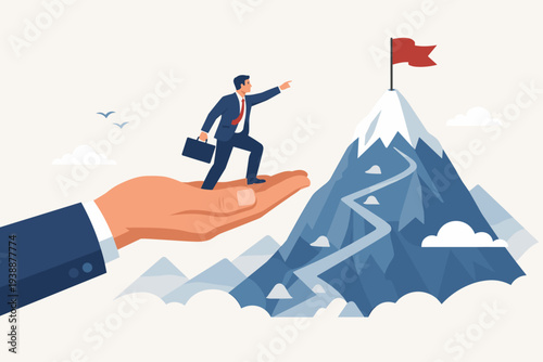 Business mentor or coach providing a helping hand to an employee, lifting him towards a mountain summit goal, symbolizing career growth, leadership support, corporate success, and achievement.