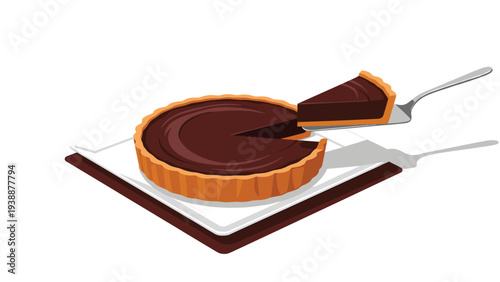 Delicious dark chocolate tart on a square white plate with one perfect slice being lifted by a silver cake server on white background.