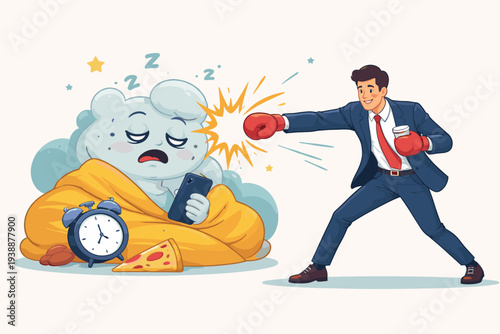 Businessman in Professional Suit and Boxing Gloves Punching a Sleepy Cloud Character Representing Procrastination and Laziness to Achieve Productivity and Success in Work and Life Concept Illustration