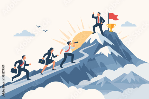 Business leadership and teamwork concept with professional people climbing a mountain peak to reach success, achieve goals, win a trophy, and overcome career challenges in a corporate mission.