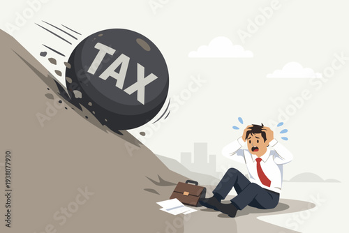 Stressed businessman looking terrified as a giant heavy tax boulder rolls down a hill towards him, representing financial burden, tax payment deadline, and lack of investment planning.