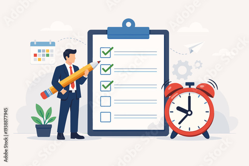 Professional businessman holding a giant pencil next to a large to-do list checklist on a clipboard with an alarm clock and calendar, symbolizing task management, productivity, and planning.