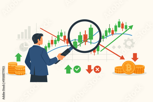 Businessman or trader using a magnifying glass for technical analysis of stock market or cryptocurrency candlestick charts, identifying trends, price movement, and investment opportunities.