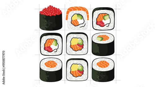 Grid layout of nine different sushi rolls and nigiri including salmon tuna and roe on a clean white background with grid lines.