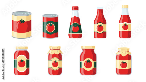 Variety of tomato products including canned tomatoes ketchup bottles and sauce jars with different labels on a white background.