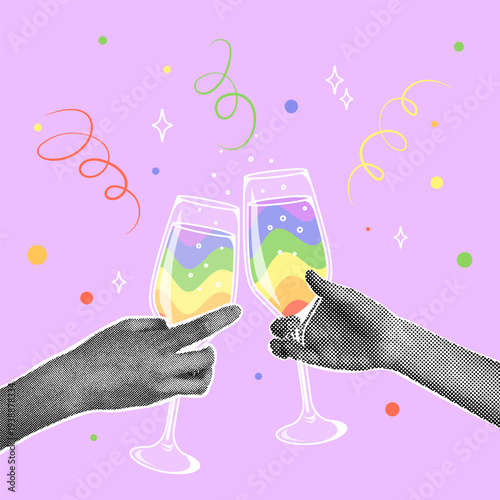 A collage on the theme of pride month. Trendy halftone collage. Hands with halftone effect holding glasses with rainbow drink.Chin chin. Trendy retro collage