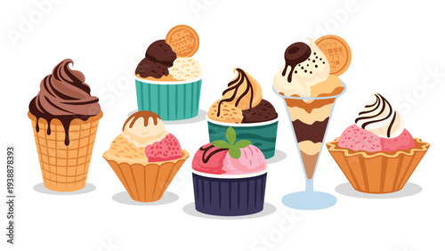 Assorted ice cream treats including sundaes in glass bowls cones and cups with various toppings like chocolate and fruit.