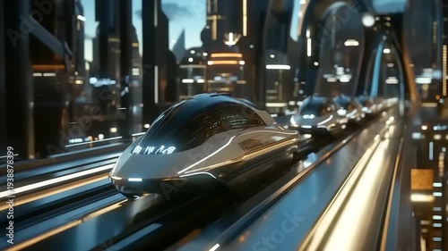 Futuristic high-speed train traveling through a modern city at night.