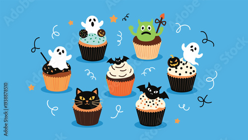 Collection of spooky halloween cupcakes decorated with ghosts monsters bats and black cats on a bright blue background.
