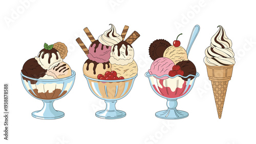 Four detailed ice cream desserts including three sundaes in glass bowls and a soft serve cone with various toppings.