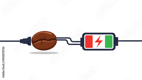Conceptual illustration of a roasted coffee bean connected to a charging battery symbol with red and green levels.