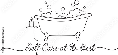  Self Care at Its Best Continuous Line Drawing Illustration of a Bathtub with Bubbles and a Lit Candle for Wellness Spa and Relaxation.