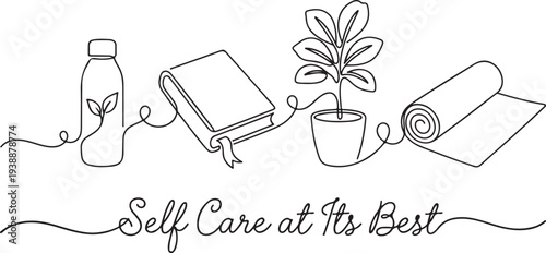 Self Care and Wellness Concept Illustration in Continuous Line Art Style featuring Water Bottle, Book, Houseplant, and Yoga Mat