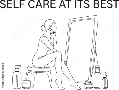 Minimalist Line Art Illustration of Woman Practicing Self Care and Skincare Routine in Front of Mirror