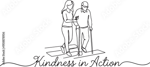 continuous line drawing of a young woman helping an elderly man cross the street with the text Kindness in Action, symbolizing compassion, support, and elder care..