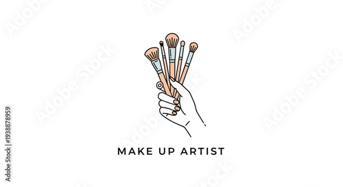 Professional makeup artist hand holding several different cosmetic brushes for beauty application in a clean and minimal vector illustration.