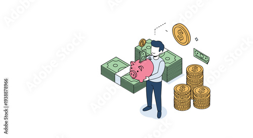 Man holding a pink piggy bank to save money with stacks of dollar bills and coins in an isometric business concept for financial security.