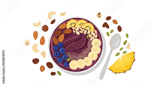 Vibrant acai bowl in a white dish topped with banana slices kiwi blueberries almonds cashews and pumpkin seeds.